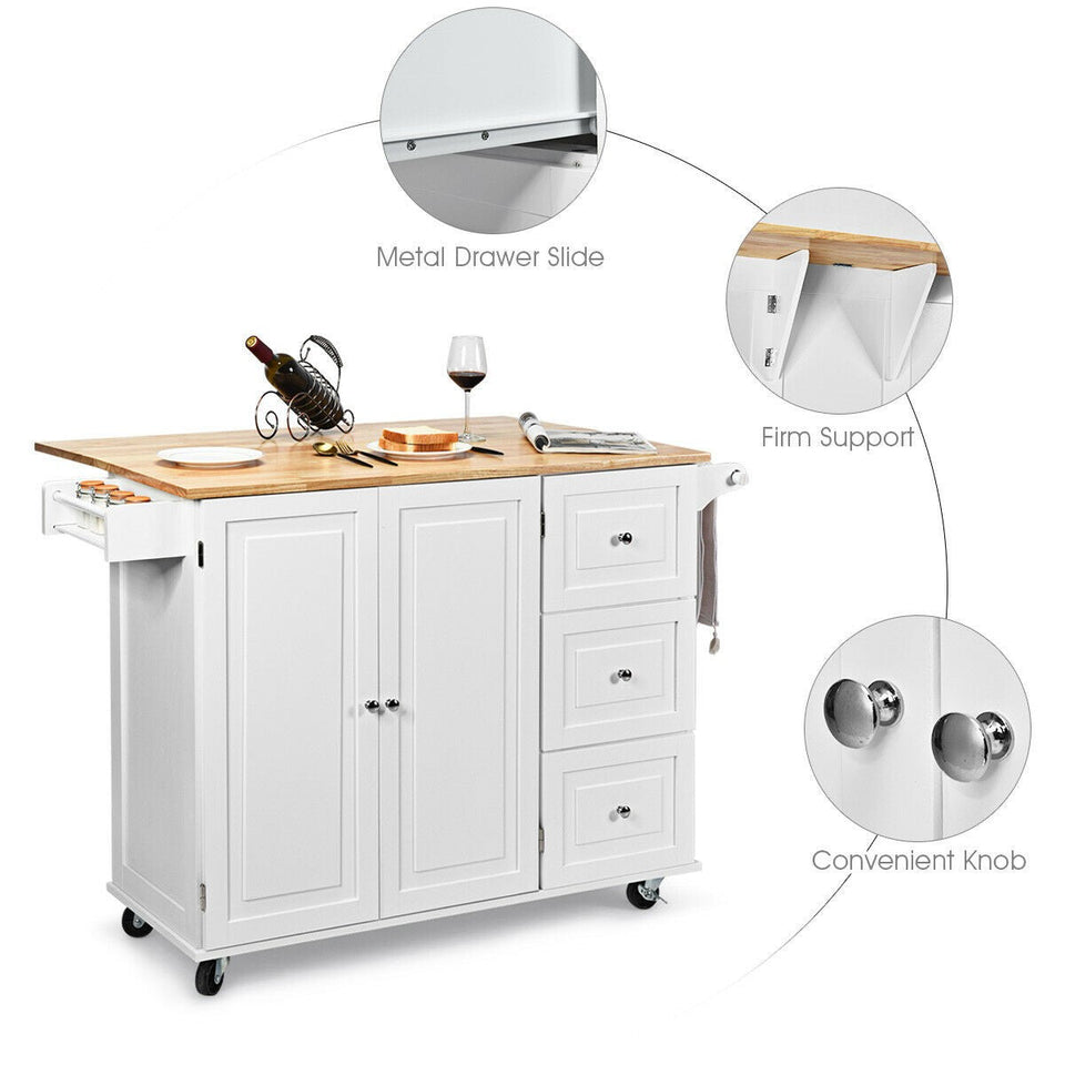 Kitchen Island Cart on Wheels with 3 Drawers and 2-door Cabinet-COSTWAY