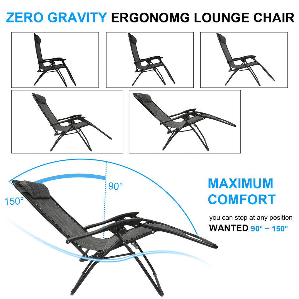Grey Sunloungers Recliner Set of 2, Zero Gravity With Cup Phone Holder Head Pillow