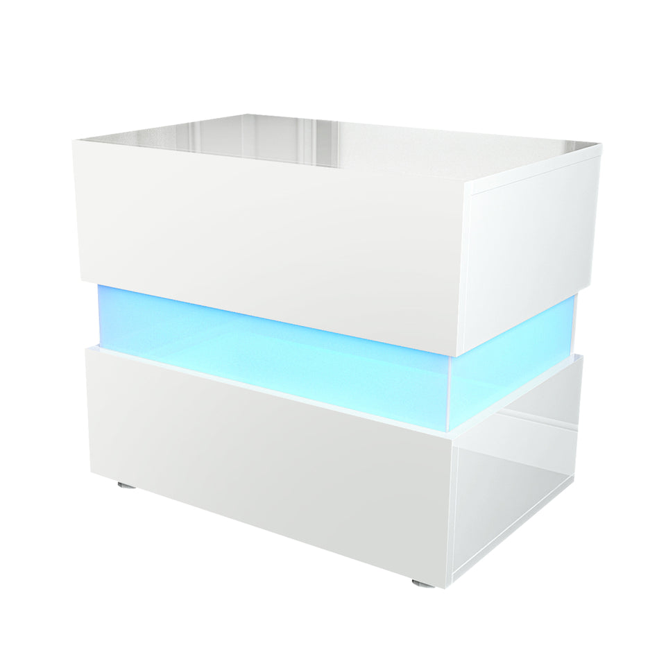 Bedside Table with 16 Colour LED Light Nightstand High Gloss with 2 Drawers White