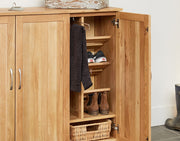 Baumhaus Mobel Oak Extra Large Shoe Cupboard with multiple compartments for organized shoe storage.
