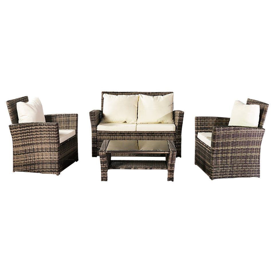 Rattan Sofa Set Dark Brown Cushion Four-Piece Set (Beige)-Lavish Kitchen Island
