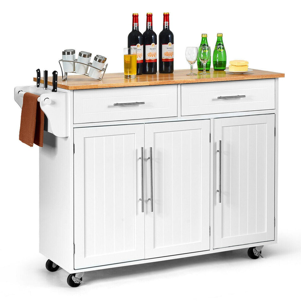 Kitchen Rolling Cart Island with Butcher's Block (White)-COSTWAY
