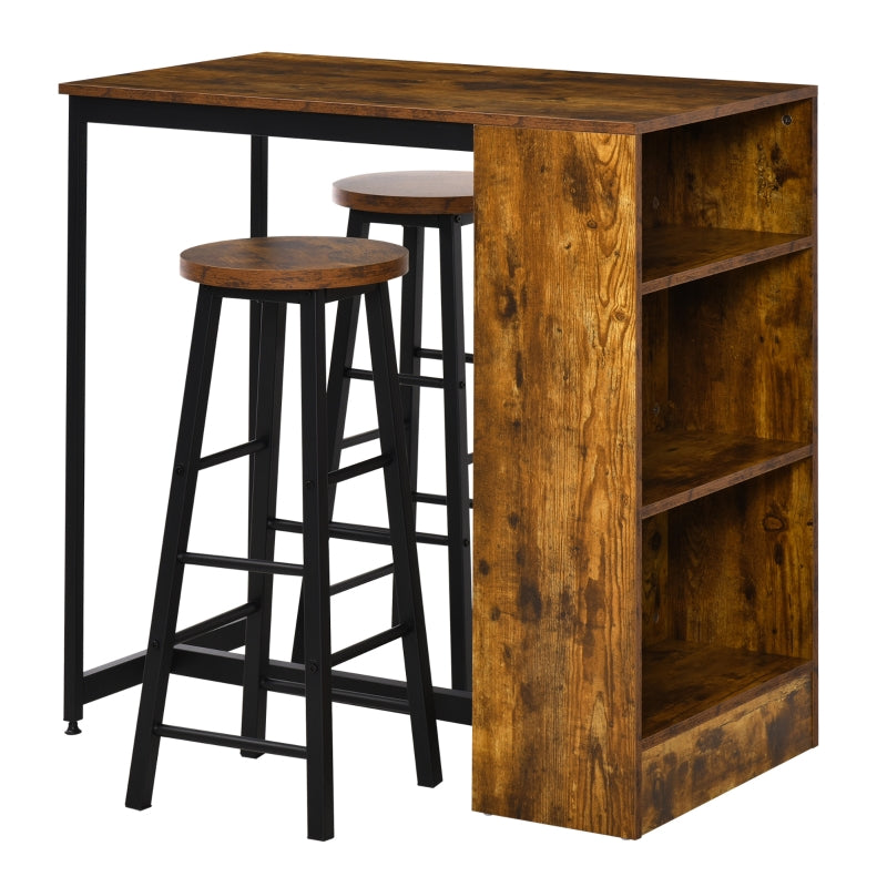Industrial Style Bar Table Set, Table and 2 Stools with Storage Shelf