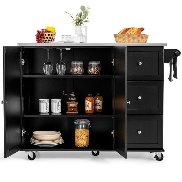 2-Doors Rolling Kitchen Island Cart with 3 Drawers