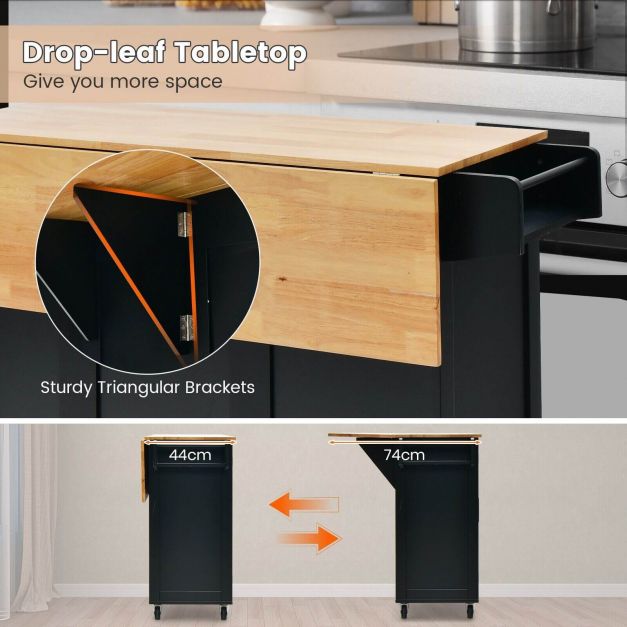 Rolling Kitchen Island Cart with Drop-Leaf Countertop and 4 Rotatable Casters