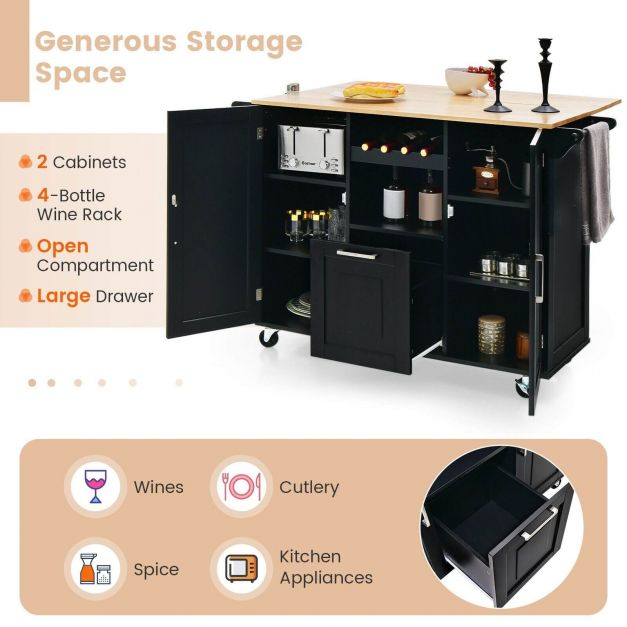 Rolling Kitchen Island Cart with Drop-Leaf Countertop and 4 Rotatable Casters