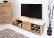 Baumhaus Mobel Oak mounted television cabinet showcasing a sleek design with spacious shelves for media devices.