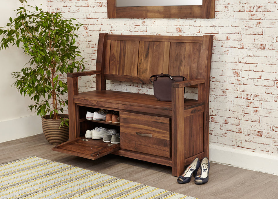 Mayan Walnut Monks Bench with Shoe Storage