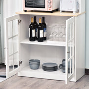 White HOMCOM kitchen cupboard sideboard with glass doors, shelves, and countertop for storage, 80L capacity, 183cm tall.