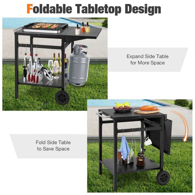 Double-Shelf Dining Cart with Folding Tabletop and 4 Extra Hooks