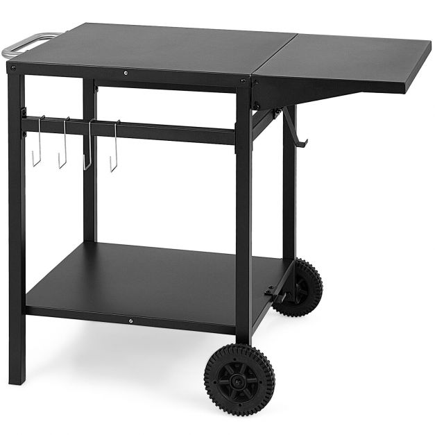 Double-Shelf Dining Cart with Folding Tabletop and 4 Extra Hooks