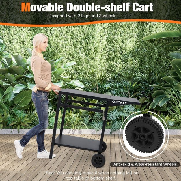 Double-Shelf Dining Cart with Folding Tabletop and 4 Extra Hooks