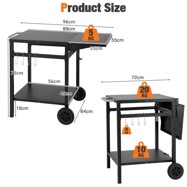 Double-Shelf Dining Cart with Folding Tabletop and 4 Extra Hooks