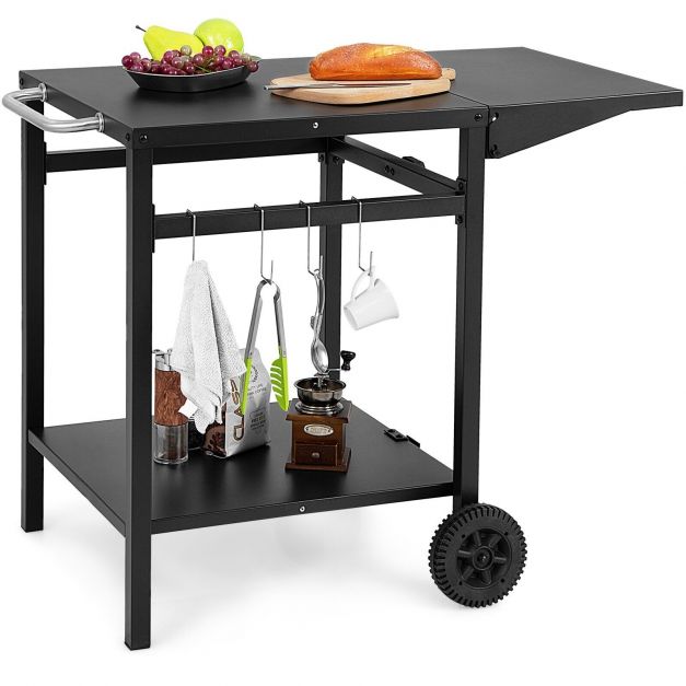 Double-Shelf Dining Cart with Folding Tabletop and 4 Extra Hooks