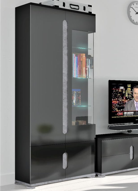 Tall Black Gloss Display Cabinet and Grey Glass Door