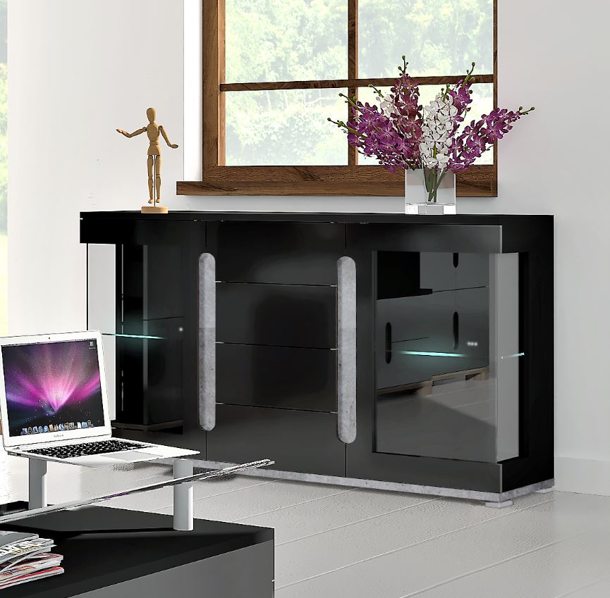 High Gloss Black and Grey Sideboard with Glass Doors