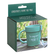 Lavish Kitchen Isle Sexy and I Mow It pot mug with matching shovel spoon, featuring humorous gardening-themed design.