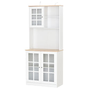 White HOMCOM kitchen cupboard sideboard with glass doors, shelves, and countertop, measuring 80L x 37W x 183H cm.