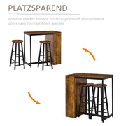 Industrial style HOMCOM bar table set with two stools and a storage shelf, showcasing a modern and functional design.