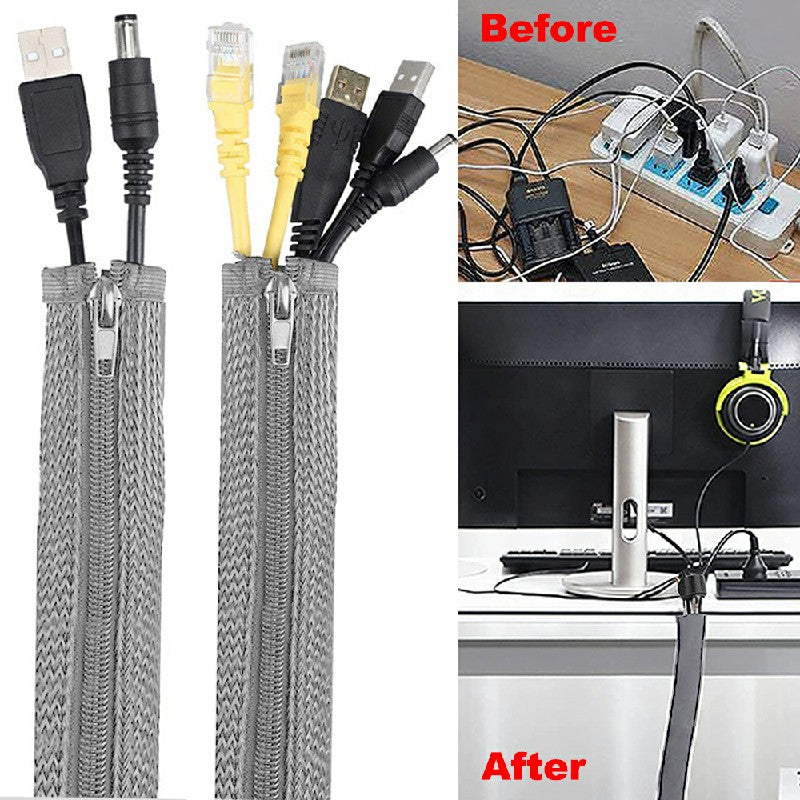 120cm Cable Tidy Zip Sleeve for PC/TV Wire Management Organisers Cable Cover Protector