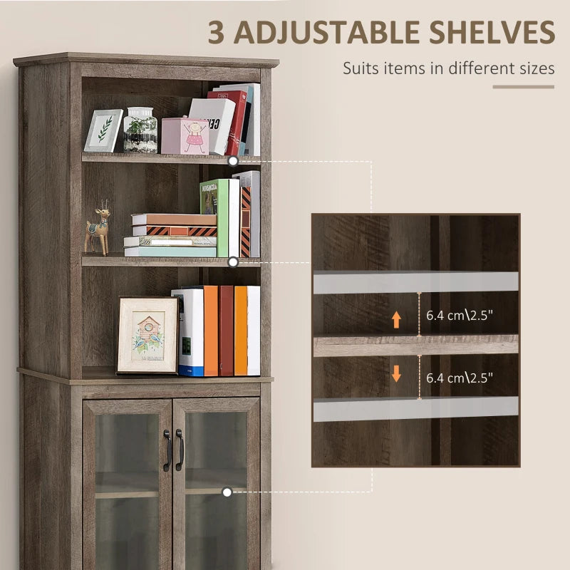 Freestanding Kitchen Cupboard, with Three Open Shelves, Glass Door Cabinet – Brown