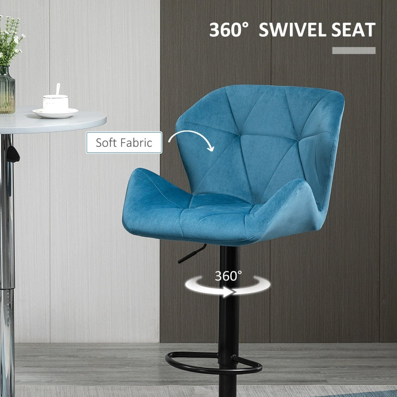 Set of 2 Triangular seat Blue Luxurious Velvet Bar Stools with Metal Frame