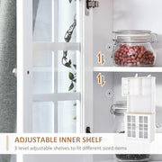 White HOMCOM kitchen cupboard sideboard with glass doors, shelves, and countertop storage, measuring 80L x 37W x 183H cm.