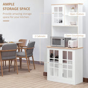 White HOMCOM kitchen sideboard cabinet with glass doors, shelves, and countertop space, measuring 80L x 37W x 183H cm.