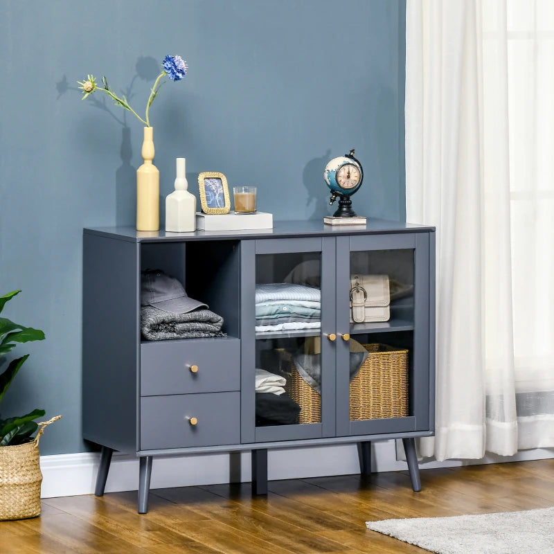 Modern Sideboard with Glass Doors Cupboard, 2 Drawers and Open Shelf for Living Room, Hallway- Grey