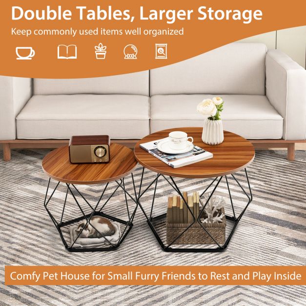 2 Pcs Coffee Tables Set with Pentagonal Base for Living Room