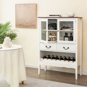 Wooden Kitchen Sideboard with Wine Rack 2 Glass Doors and Drawers