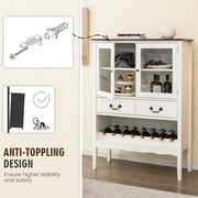 Wooden Kitchen Sideboard with Wine Rack 2 Glass Doors and Drawers