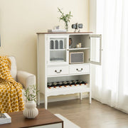 Wooden Kitchen Sideboard with Wine Rack 2 Glass Doors and Drawers