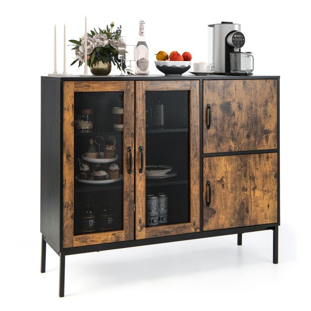 Industrial Kitchen Sideboard with Mesh Doors and Anti-toppling Device