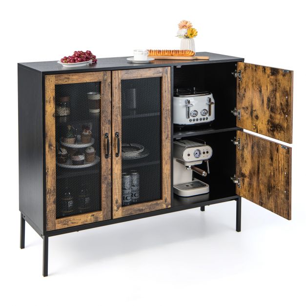Industrial Kitchen Sideboard with Mesh Doors and Anti-toppling Device