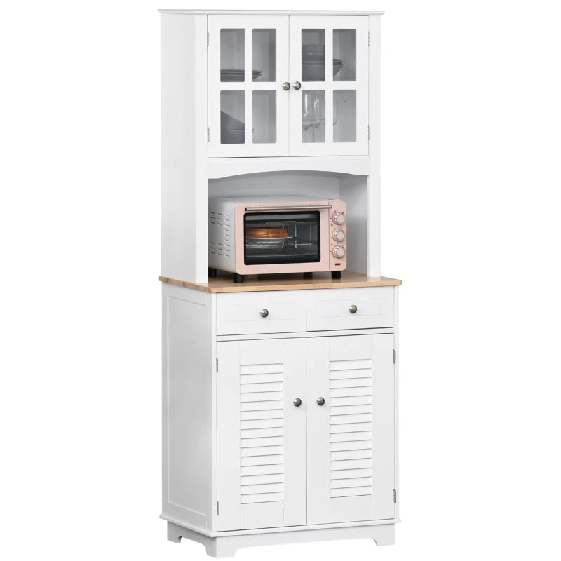 Louvered Kitchen Storage Cabinet with Framed Glass Doors and 2 Drawers, White