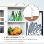 White HOMCOM kitchen sideboard storage cabinet with glass doors, shelves, and countertop, measuring 80L x 37W x 183H cm.