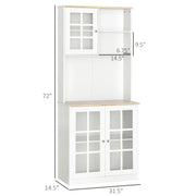 White HOMCOM kitchen cupboard sideboard storage cabinet with glass doors, shelves, and a countertop, 80L capacity, 183cm tall.