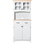 Freestanding Kitchen Storage Cabinet with Framed Glass Doors, Drawers, Microwave Counter- White