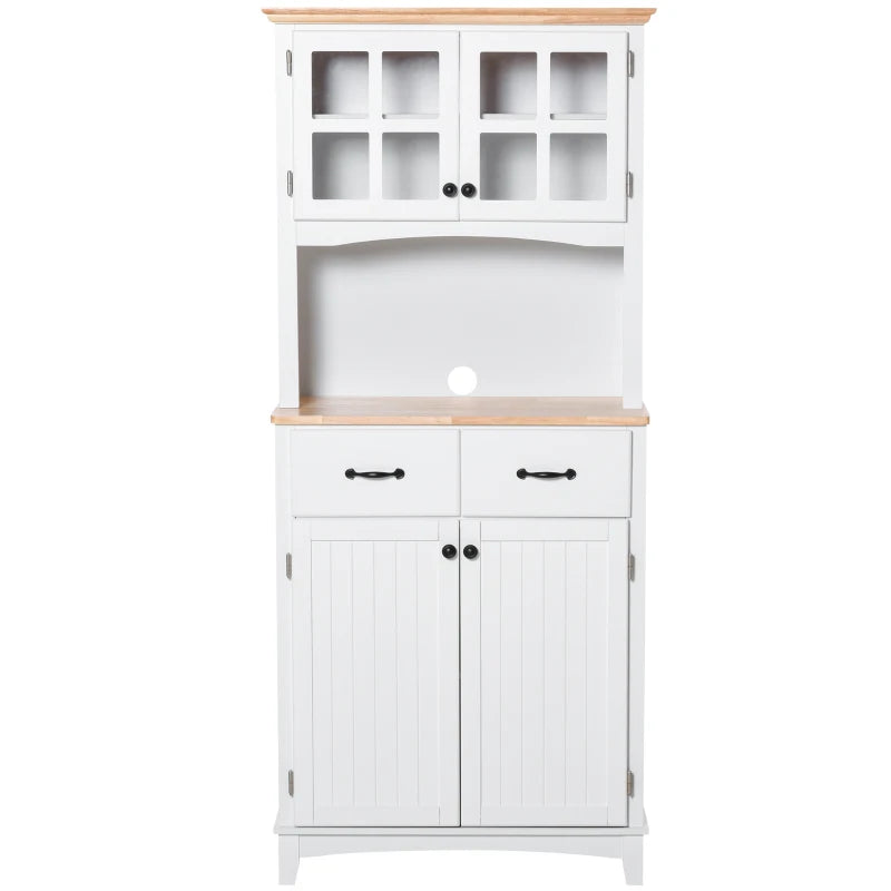 Freestanding Kitchen Storage Cabinet with Framed Glass Doors, Drawers, Microwave Counter- White