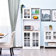 White HOMCOM kitchen sideboard storage cabinet with glass doors, shelves, and countertop, 80L x 37W x 183H cm.