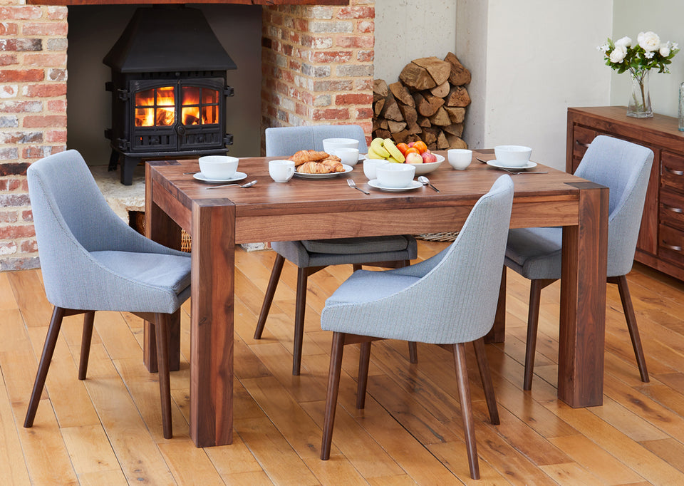 Walnut Dining Table with Powder Blue Chairs