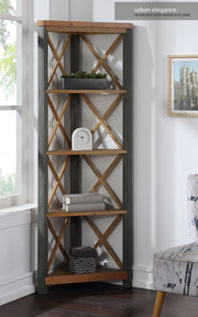 Large corner bookcase made of reclaimed wood by Baumhaus, showcasing a stylish design with ample shelving for books and decor.