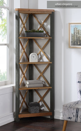 Large corner bookcase made of reclaimed wood by Baumhaus, showcasing a stylish design with ample shelving for books and decor.