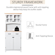 Freestanding Kitchen Storage Cabinet with Framed Glass Doors, Drawers, Microwave Counter- White