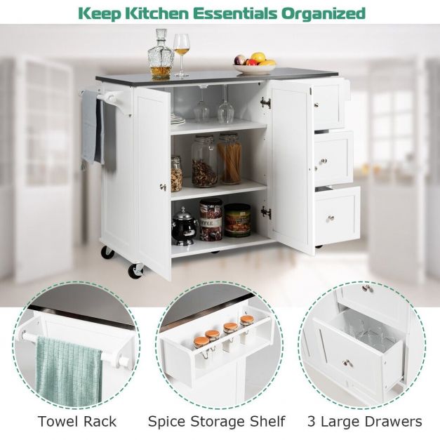 2-Doors Rolling Kitchen Island Cart with 3 Drawers