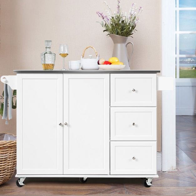 2-Doors Rolling Kitchen Island Cart with 3 Drawers