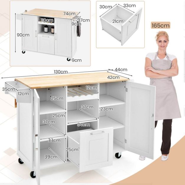 Rolling Kitchen Island Cart with Drop-Leaf Countertop and 4 Rotatable Casters