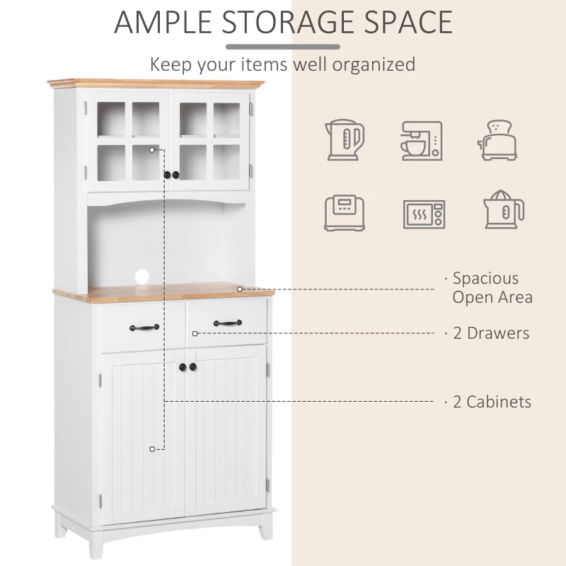 Freestanding Kitchen Storage Cabinet with Framed Glass Doors, Drawers, Microwave Counter- White