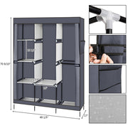 Grey portable wardrobe closet with clothes rack and shelf, 71-inch Lavish Kitchen Isle storage organizer for clothing and accessories.